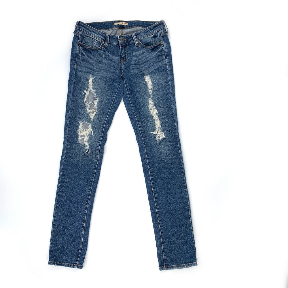 Women's 2.1 Denim Blue Jeans Sz 26‎ Distressed Ripped Faded Wash Whisker Denim